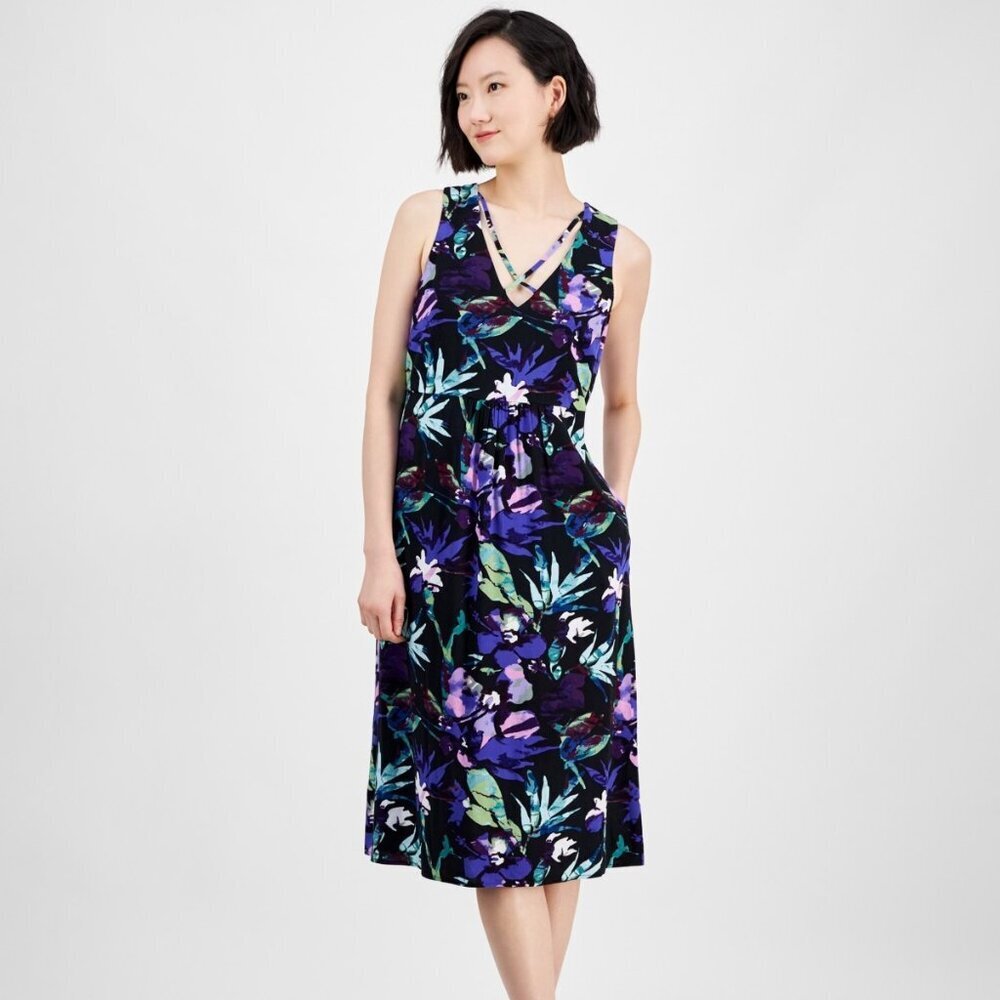 Connected Women's Strappy V-Neck Floral Midi Dress – Violet – NWT Size 14